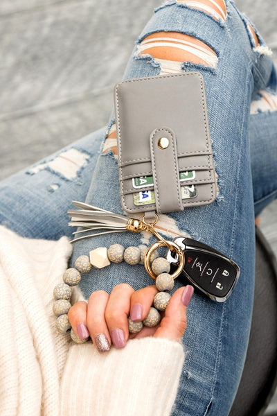 Leopard Beaded Key Ring Wallet Bracelet-Leopard beaded key ring bracelet with wallet, tassel, and card slots. Hands-free style for errands, travel, and everyday essentials.-Reef Love