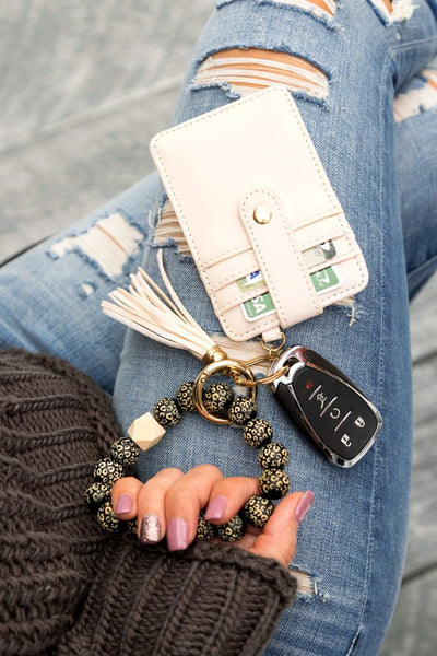 Leopard Beaded Key Ring Wallet Bracelet-Leopard beaded key ring bracelet with wallet, tassel, and card slots. Hands-free style for errands, travel, and everyday essentials.-Reef Love
