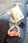 Leopard Beaded Key Ring Wallet Bracelet-Leopard beaded key ring bracelet with wallet, tassel, and card slots. Hands-free style for errands, travel, and everyday essentials.-Reef Love