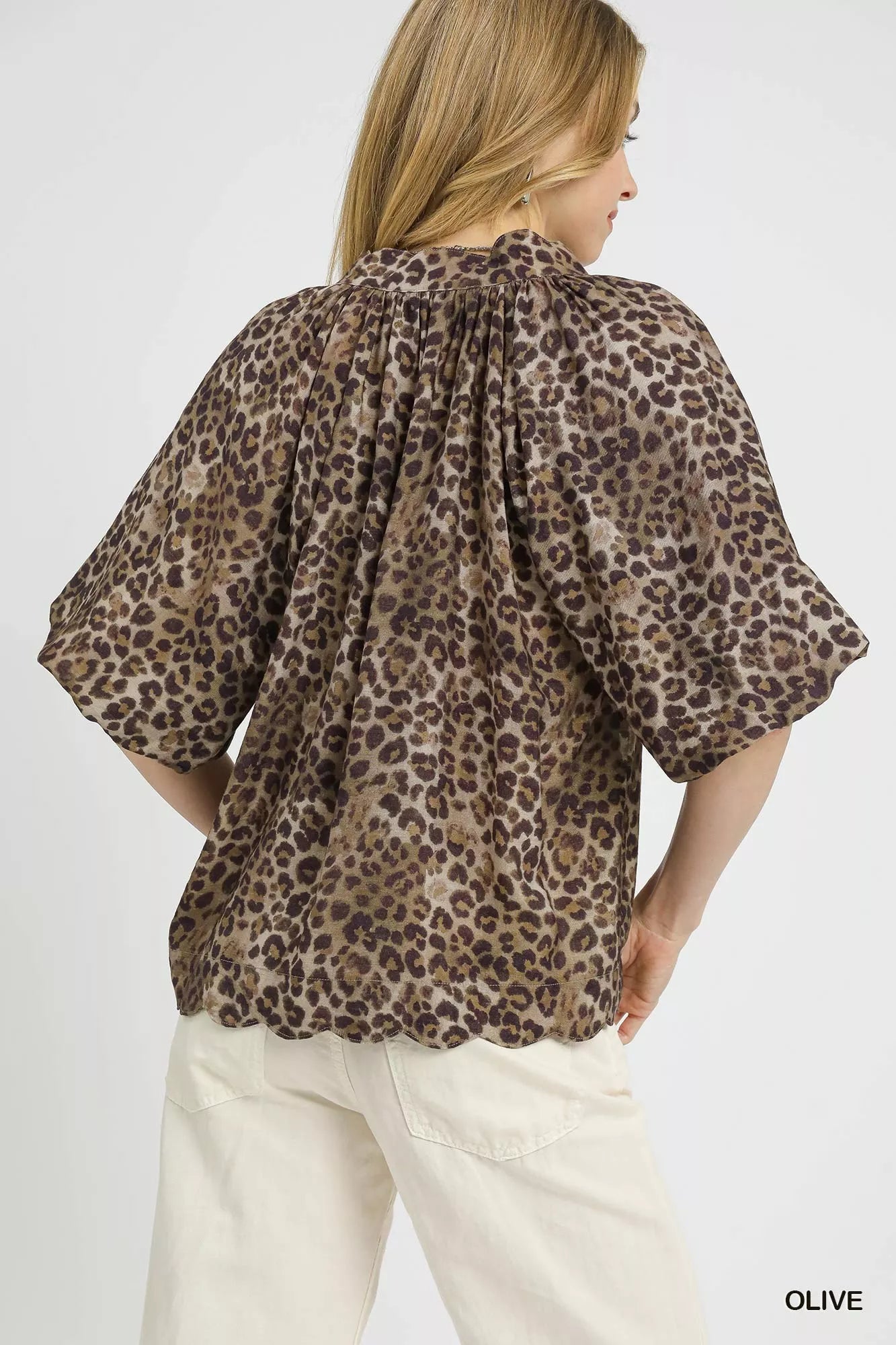 Leopard Bubble Sleeve Scalloped Hem Blouse