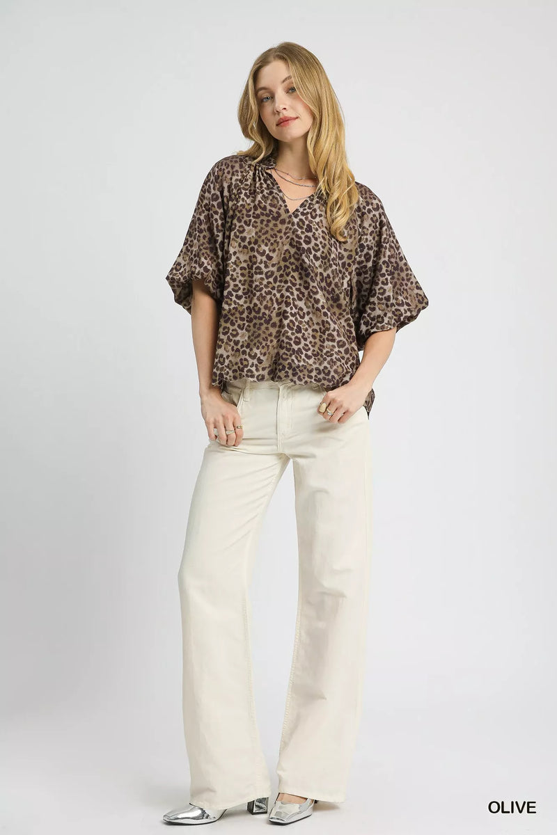 Leopard Bubble Sleeve Scalloped Hem Blouse