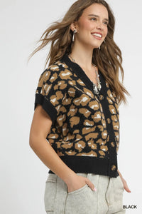 Leopard Button Down Short Sleeve Cardigan-Leopard print button-down short sleeve cardigan in soft knit fabric. A versatile layering piece for effortless boho-chic women’s fashion.-Reef Love