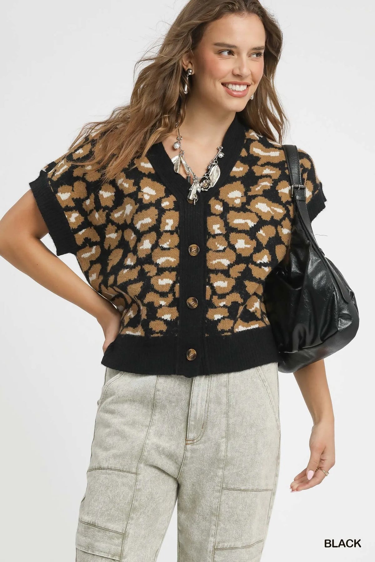Leopard Button Down Short Sleeve Cardigan-Leopard print button-down short sleeve cardigan in soft knit fabric. A versatile layering piece for effortless boho-chic women’s fashion.-Reef Love