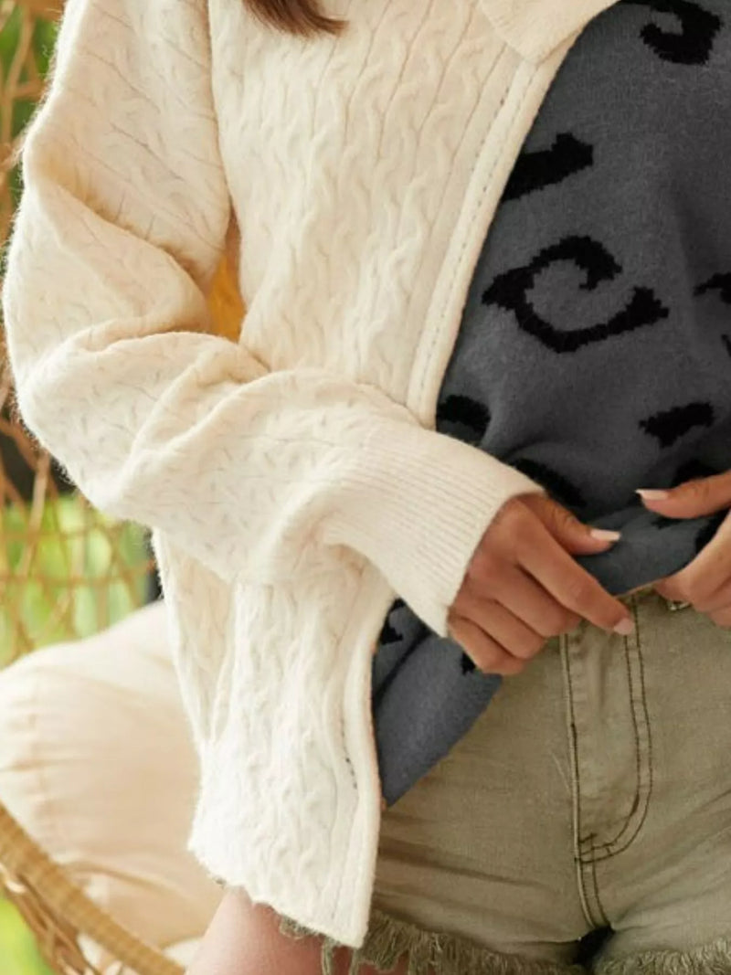 Leopard Cable-Knit Color Block One Shoulder Asymmetrical Sweater-The Leopard Print Cable-Knit Color Block One Shoulder Asymmetrical Sweater is a trendy and eye-catching and chic addition to your knitwear collection. 