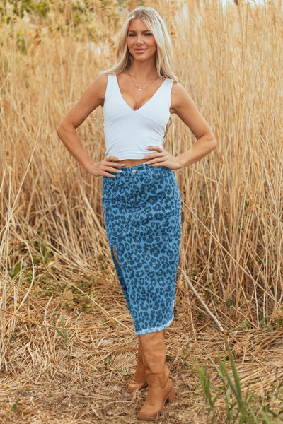 Leopard Denim Frayed Hem Midi Skirt- Boho Chic Styles by Reef Love