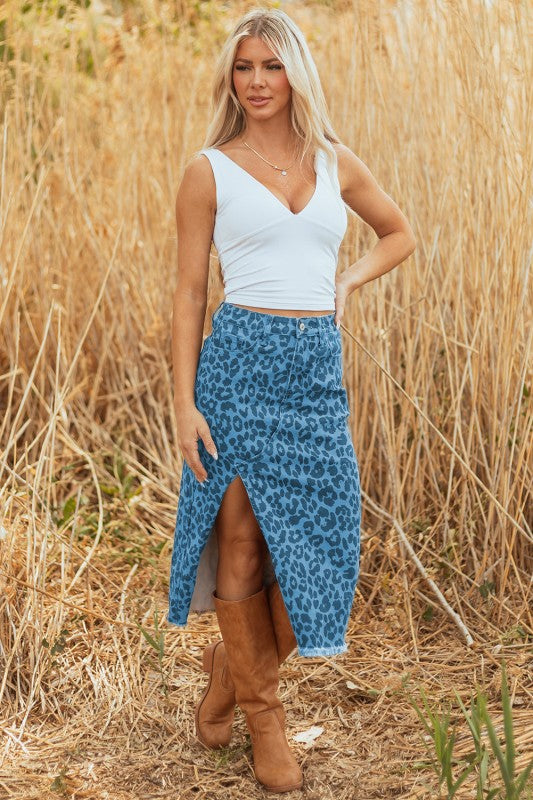 Leopard Denim Frayed Hem Midi Skirt- Boho Chic Styles by Reef Love
