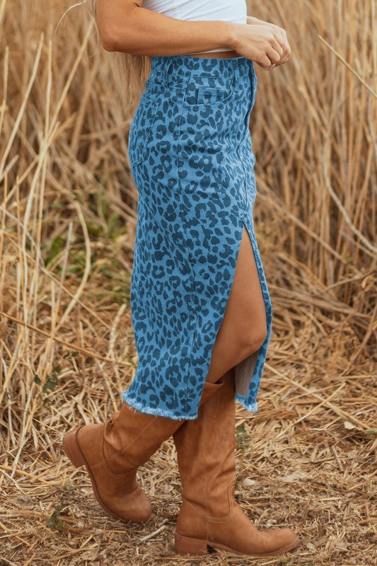 Leopard Denim Frayed Hem Midi Skirt- Boho Chic Styles by Reef Love