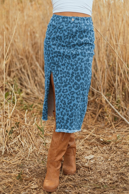 Leopard Denim Frayed Hem Midi Skirt- Boho Chic Styles by Reef Love