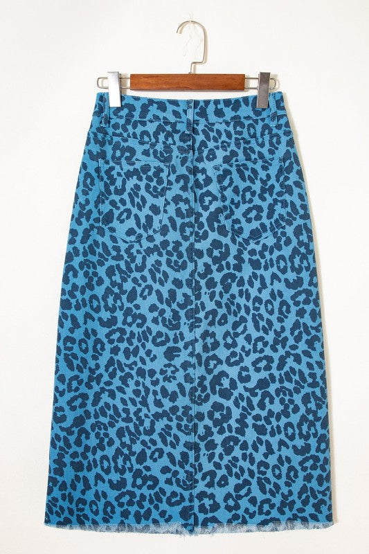 Leopard Denim Frayed Hem Midi Skirt- Boho Chic Styles by Reef Love