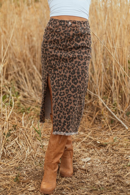 Leopard Denim Frayed Hem Midi Skirt- Boho Chic Styles by Reef Love