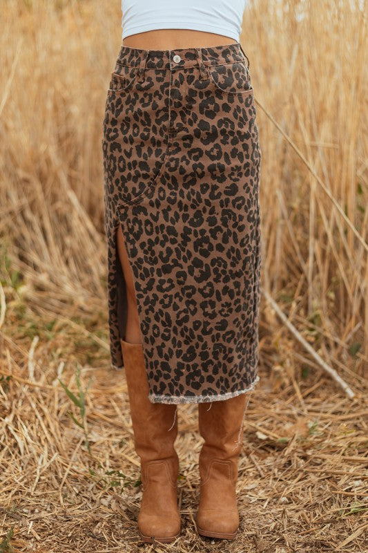 Leopard Denim Frayed Hem Midi Skirt- Boho Chic Styles by Reef Love