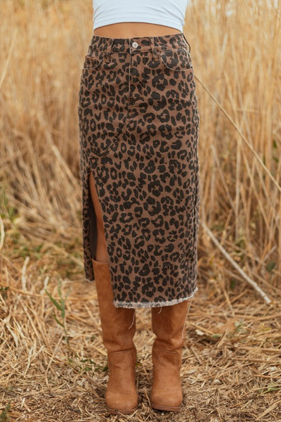 Leopard Denim Frayed Hem Midi Skirt- Boho Chic Styles by Reef Love