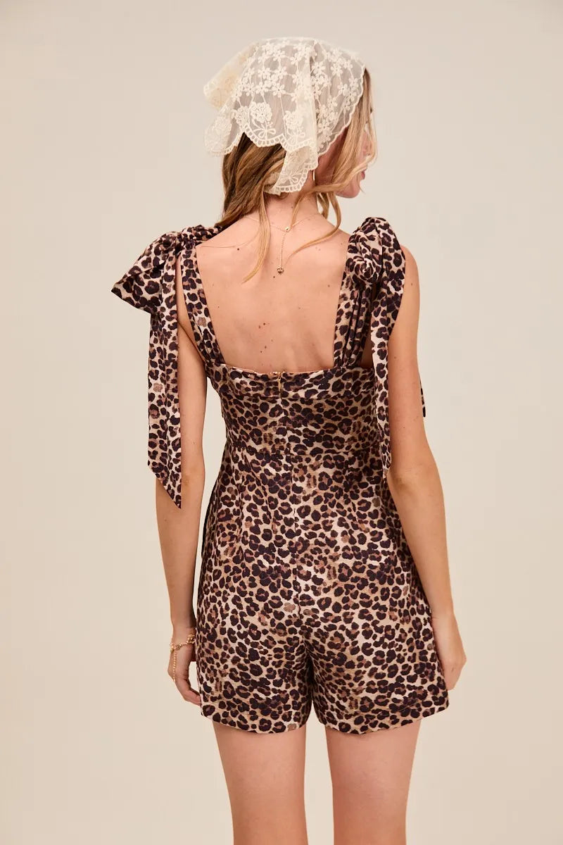 Leopard Flowy Woven Romper With Tie Straps-Effortless, Playful, & Perfectly Breezy. Bring energy to your summer wardrobe with the Leopard Flowy Romper with Tie Straps with all-over floral leopard print.-Reef Love Boho-Chic Boutique