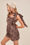 Leopard Flowy Woven Romper With Tie Straps-Effortless, Playful, & Perfectly Breezy. Bring energy to your summer wardrobe with the Leopard Flowy Romper with Tie Straps with all-over floral leopard print.-Reef Love Boho-Chic Boutique