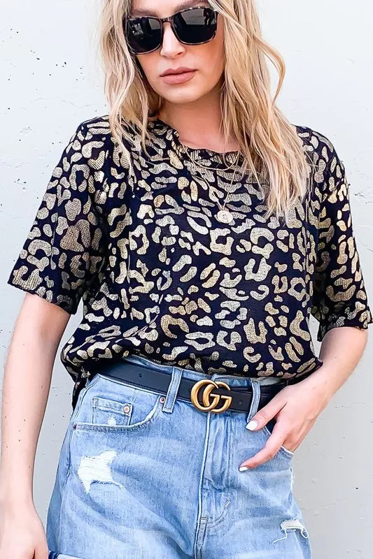 Leopard Foil Printed Half Sleeve Summer Sweater-Reef Love