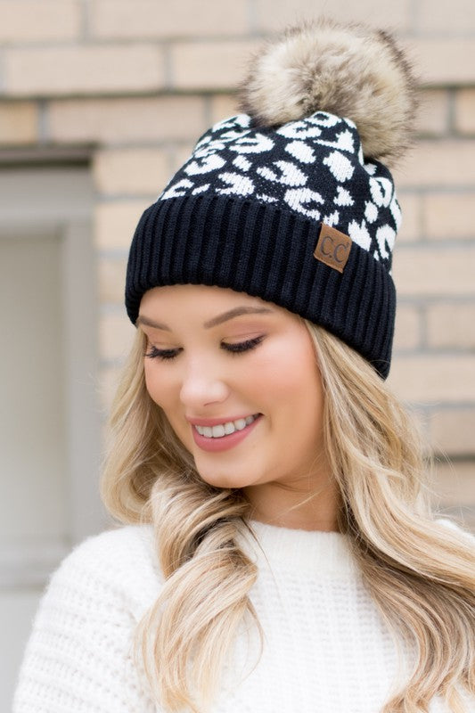Leopard Fur Pom Beanie-Leopard Fur Pom Beanie, Stamped CC beanie. Leopard print in several color options. Authentic Stamped C.C. Leopard Design, Faux Fur Pom-Pom. As seen on TikTok.