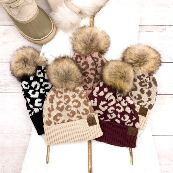 Leopard Fur Pom Beanie-Leopard Fur Pom Beanie, Stamped CC beanie. Leopard print in several color options. Authentic Stamped C.C. Leopard Design, Faux Fur Pom-Pom. As seen on TikTok.