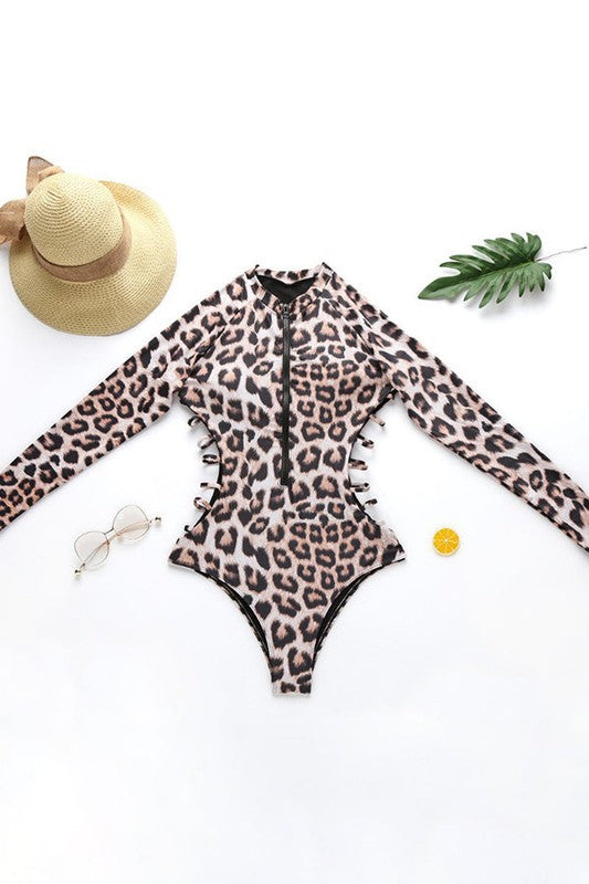 Leopard Long Sleeve Half Zip UPF 50 Rash Guard- Boho Chic Styles by Reef Love