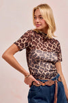 Leopard Print Mesh Mock Neck Short Sleeve Top-Bold leopard print mesh mock neck top with short sleeves and a fitted silhouette. Perfect for layering, day-to-night style, and standout statement looks.-Reef Love