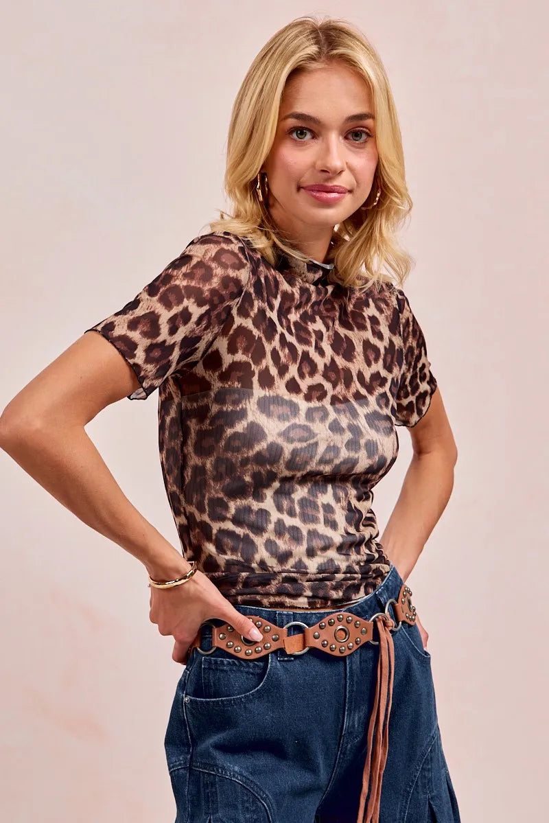 Leopard Print Mesh Mock Neck Short Sleeve Top-Bold leopard print mesh mock neck top with short sleeves and a fitted silhouette. Perfect for layering, day-to-night style, and standout statement looks.-Reef Love