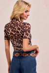 Leopard Print Mesh Mock Neck Short Sleeve Top-Bold leopard print mesh mock neck top with short sleeves and a fitted silhouette. Perfect for layering, day-to-night style, and standout statement looks.-Reef Love