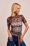 Leopard Print Mesh Mock Neck Short Sleeve Top-Bold leopard print mesh mock neck top with short sleeves and a fitted silhouette. Perfect for layering, day-to-night style, and standout statement looks.-Reef Love