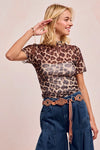 Leopard Print Mesh Mock Neck Short Sleeve Top-Bold leopard print mesh mock neck top with short sleeves and a fitted silhouette. Perfect for layering, day-to-night style, and standout statement looks.-Reef Love