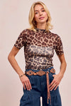 Leopard Print Mesh Mock Neck Short Sleeve Top-Bold leopard print mesh mock neck top with short sleeves and a fitted silhouette. Perfect for layering, day-to-night style, and standout statement looks.-Reef Love