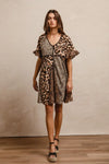 Leopard Print Mix and Match Mini Dress-Leopard Print Mix & Match Mini Dress, featuring a mix of leopard prints in rich, earthy tones. Designed with a V-neckline, flutter sleeves, and an empire waist.-Reef Love Boho-Chic Boutique