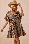 Leopard Print Mix and Match Mini Dress-Leopard Print Mix & Match Mini Dress, featuring a mix of leopard prints in rich, earthy tones. Designed with a V-neckline, flutter sleeves, and an empire waist.-Reef Love Boho-Chic Boutique