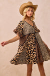Leopard Print Mix and Match Mini Dress-Leopard Print Mix & Match Mini Dress, featuring a mix of leopard prints in rich, earthy tones. Designed with a V-neckline, flutter sleeves, and an empire waist.-Reef Love Boho-Chic Boutique