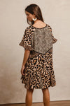 Leopard Print Mix and Match Mini Dress-Leopard Print Mix & Match Mini Dress, featuring a mix of leopard prints in rich, earthy tones. Designed with a V-neckline, flutter sleeves, and an empire waist.-Reef Love Boho-Chic Boutique