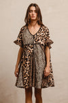 Leopard Print Mix and Match Mini Dress-Leopard Print Mix & Match Mini Dress, featuring a mix of leopard prints in rich, earthy tones. Designed with a V-neckline, flutter sleeves, and an empire waist.-Reef Love Boho-Chic Boutique