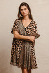 Leopard Print Mix and Match Mini Dress-Leopard Print Mix & Match Mini Dress, featuring a mix of leopard prints in rich, earthy tones. Designed with a V-neckline, flutter sleeves, and an empire waist.-Reef Love Boho-Chic Boutique