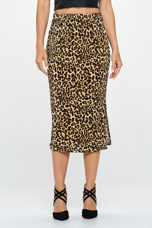 Leopard Print Plisse Midi Skirt-Reef Love