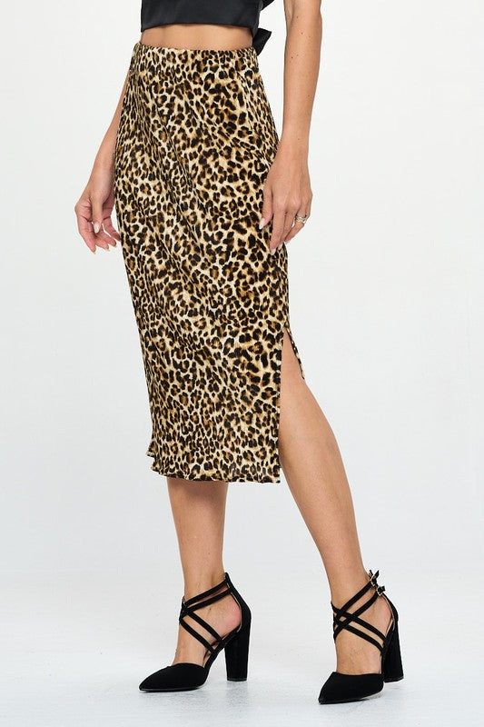 Leopard Print Plisse Midi Skirt-Reef Love