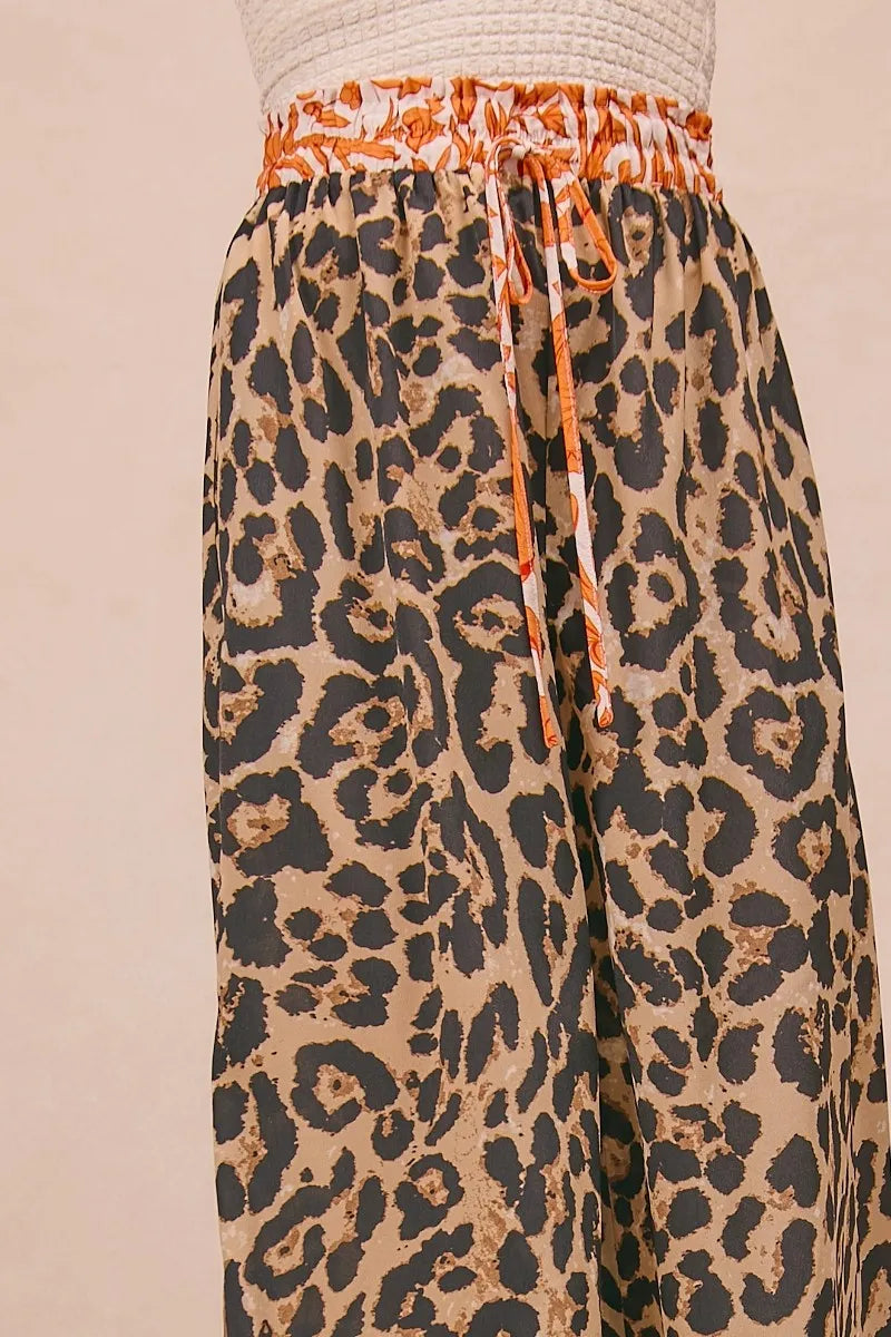 Leopard Print With Contrast Banded Wide Pants-Reef Love