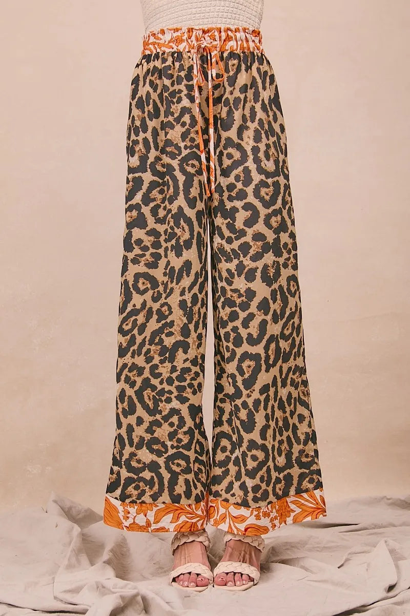 Leopard Print With Contrast Banded Wide Pants-Reef Love