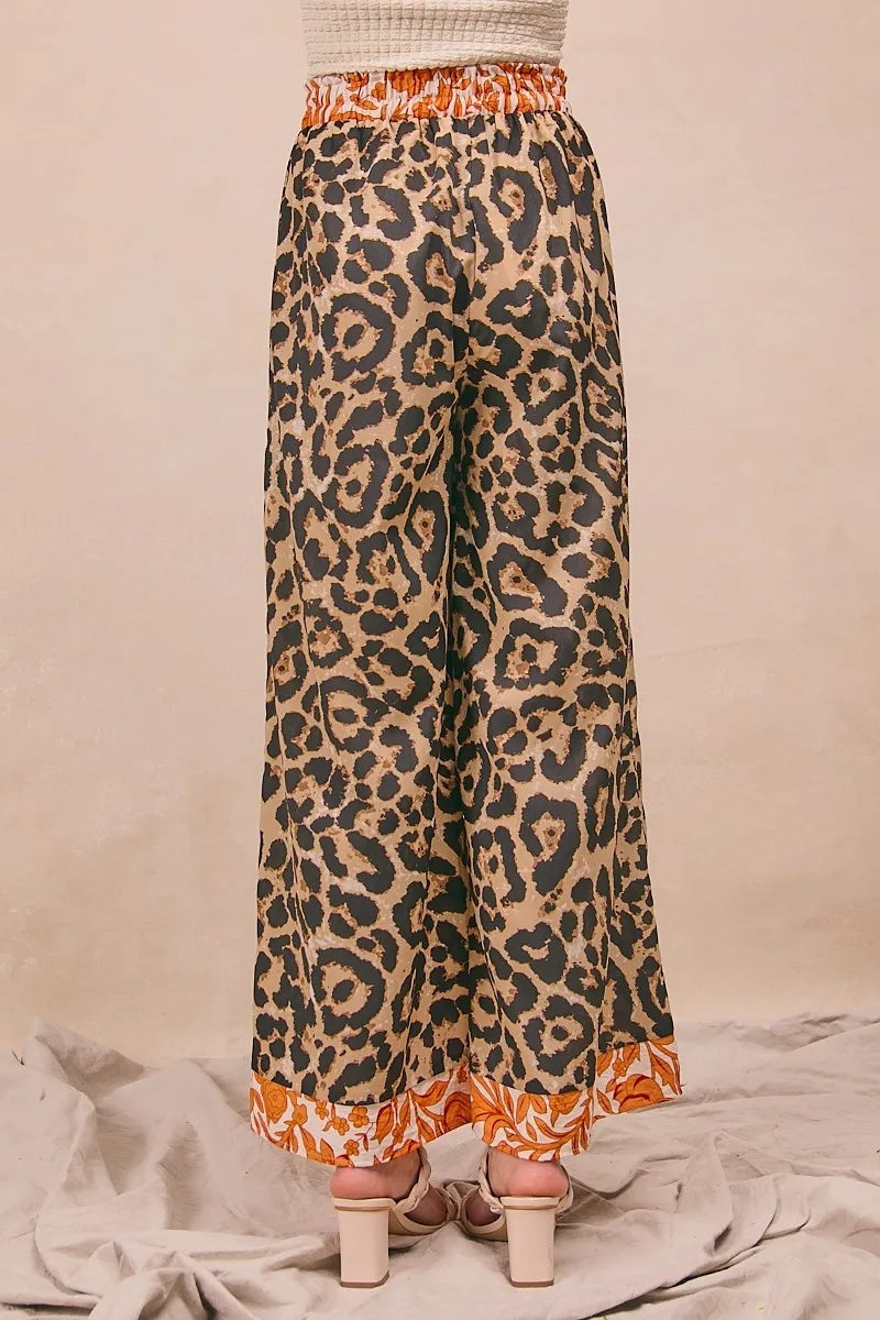 Leopard Print With Contrast Banded Wide Pants-Reef Love