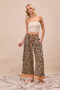 Leopard Print With Contrast Banded Wide Pants-Reef Love