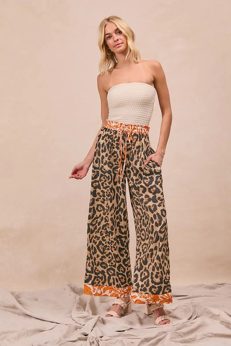 Leopard Print With Contrast Banded Wide Pants-Reef Love