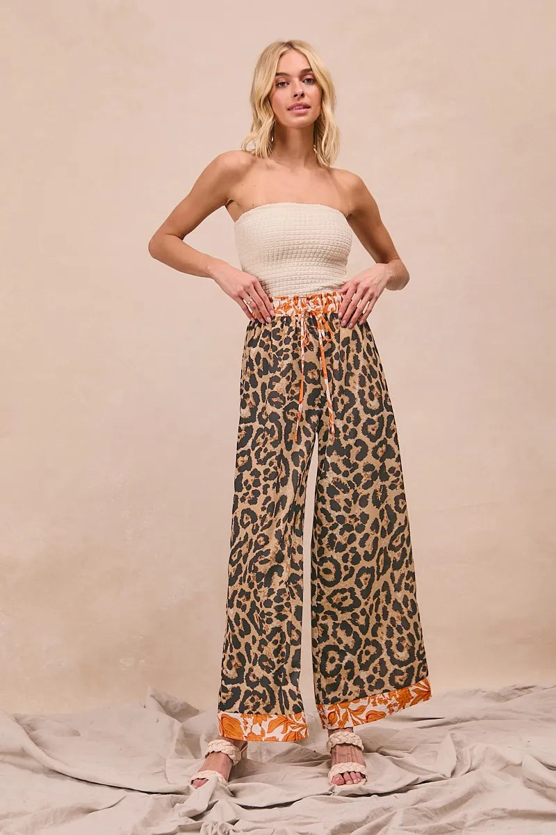 Leopard Print With Contrast Banded Wide Pants-Reef Love