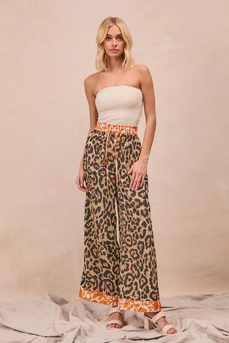 Leopard Print With Contrast Banded Wide Pants-Reef Love