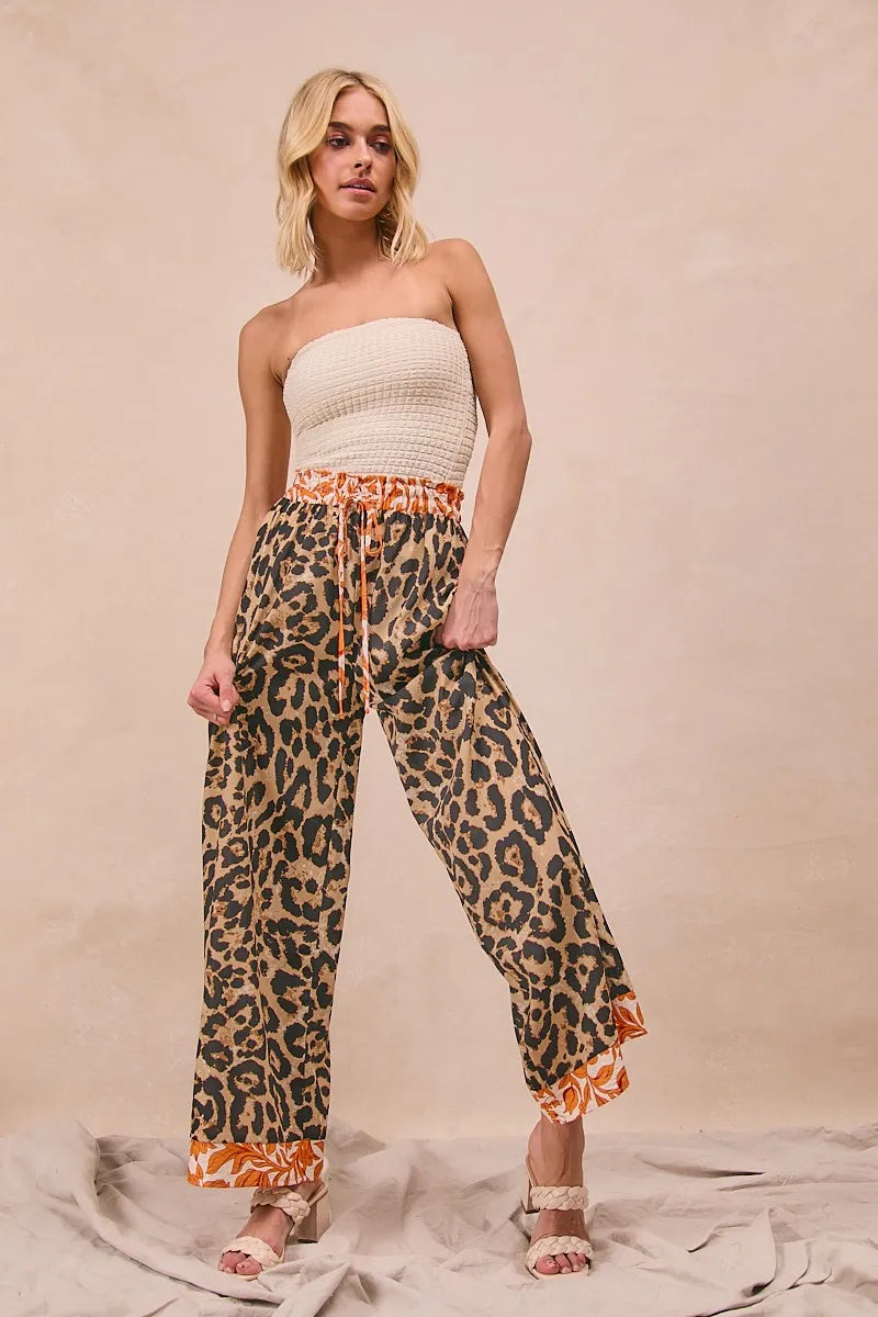Leopard Print With Contrast Banded Wide Pants-Reef Love