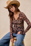 Leopard Printed Mesh Shirt-Make a bold statement with this Leopard Printed Mesh Top featuring a Button-Up V Neck design. The leopard print adds a touch of wild sophistication to your outfit