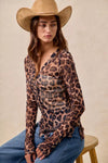 Leopard Printed Mesh Shirt-Make a bold statement with this Leopard Printed Mesh Top featuring a Button-Up V Neck design. The leopard print adds a touch of wild sophistication to your outfit