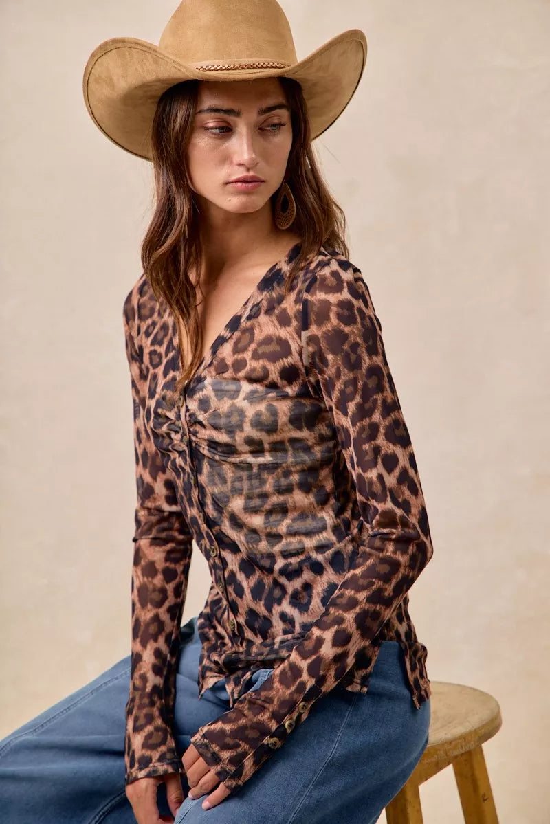 Leopard Printed Mesh Shirt-Make a bold statement with this Leopard Printed Mesh Top featuring a Button-Up V Neck design. The leopard print adds a touch of wild sophistication to your outfit