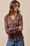 Leopard Printed Mesh Shirt-Make a bold statement with this Leopard Printed Mesh Top featuring a Button-Up V Neck design. The leopard print adds a touch of wild sophistication to your outfit
