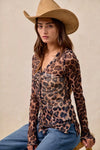 Leopard Printed Mesh Shirt-Make a bold statement with this Leopard Printed Mesh Top featuring a Button-Up V Neck design. The leopard print adds a touch of wild sophistication to your outfit