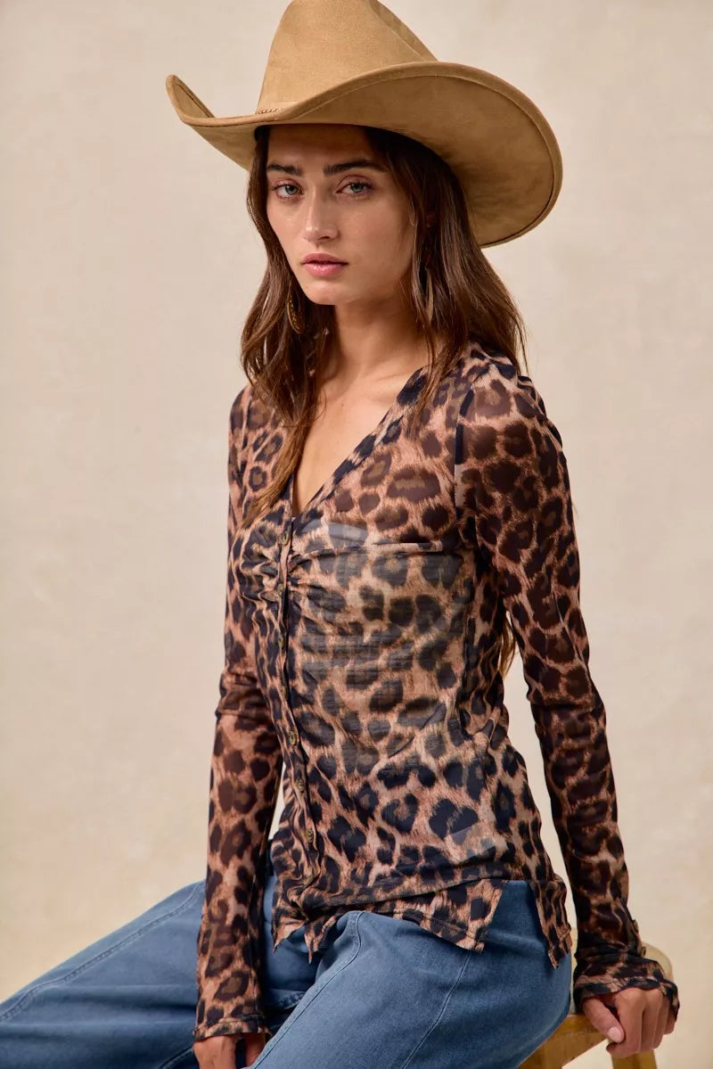Leopard Printed Mesh Shirt-Make a bold statement with this Leopard Printed Mesh Top featuring a Button-Up V Neck design. The leopard print adds a touch of wild sophistication to your outfit